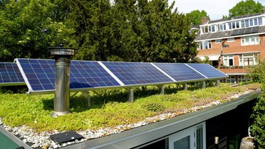 Photovoltaik-Panele auf einem begrünten Hausdach.