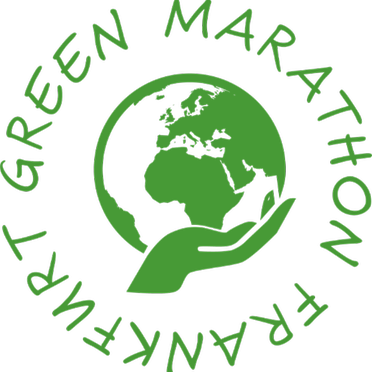 © motion events Logo mit Erde in Hand, Text "GREEN MARATHON FRANKFURT".