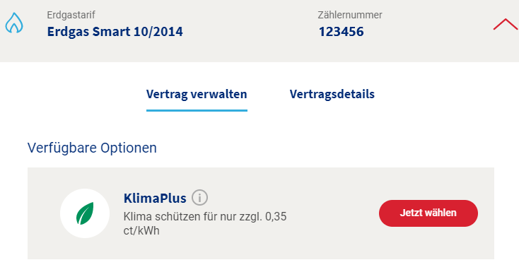 Screenshot aus der Vertragsverwaltungsübersicht mit Auswahl der KlimaPlus-Option