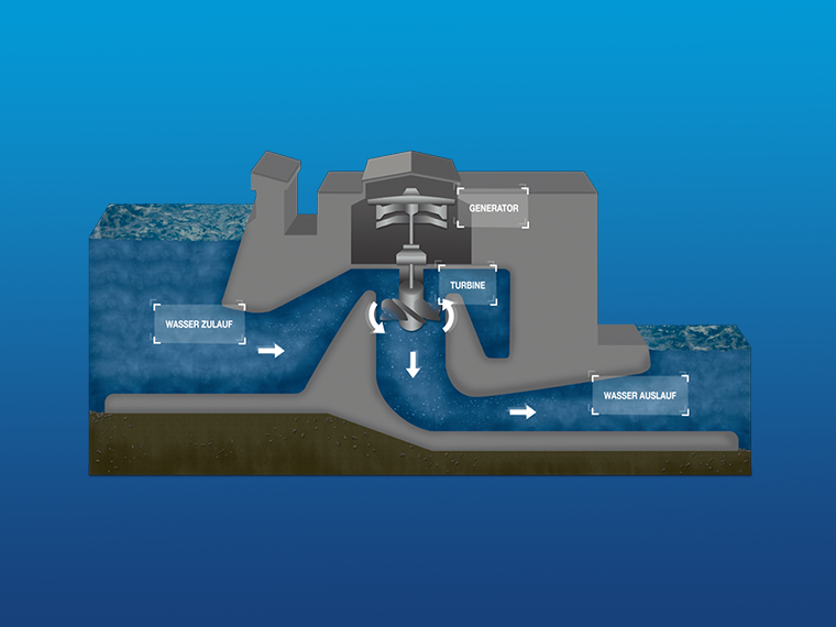 Ein Wasserkraftwerk mit Wasserzulauf, Turbine, Generator und Wasserauslauf.