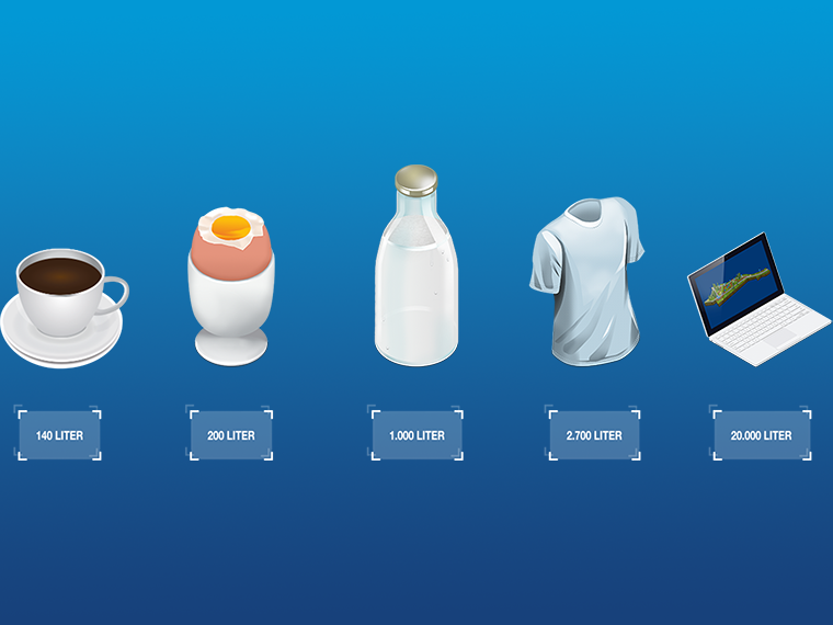 Eine Tasse Kaffee, ein Ei, eine Milchflasche, ein T-Shirt und ein Laptop auf blauem Hintergrund.