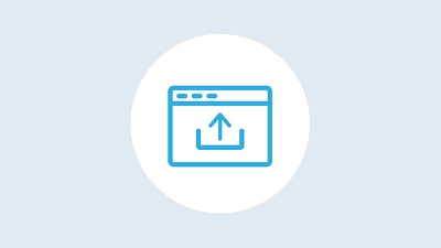 Blaues Upload-Icon in weißem Kreis auf grauem Hintergrund 