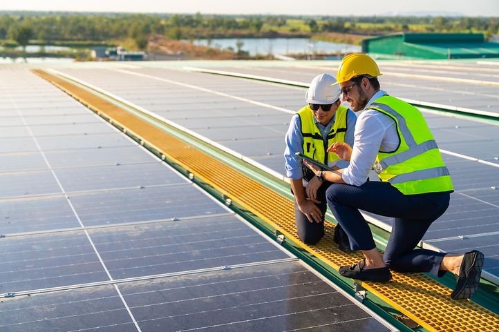 Zwei Männer mit Helmen und Warnwesten mit Tablet auf einer Fläche mit Solarpaneelen