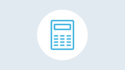 Blauer Taschenrechner in weißem Kreis auf grauem Hintergrund 