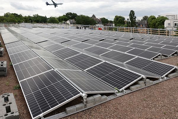 Dach mit vielen Solarpaneelen, im Hintergrund fliegt ein Flugzeug über grüne Landschaft.