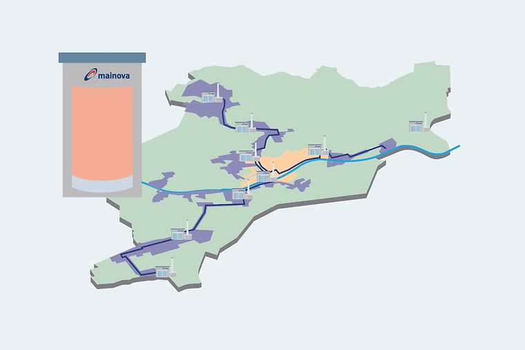 Grafikillustration von dem Stadtgebiet Frankfurt mit dem Versorgungsgebiet Fernwärme