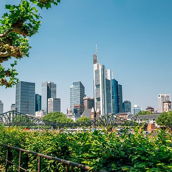 © istockphoto.com/SangaPark Stadtansicht mit grüner Parklandschaft im Vordergrund, Frankfurter Skyline im Hintergrund unter blauem Himmel.