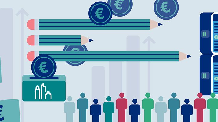 Illustration zu Finanzen, Bildung, Technik und Menschen – zeigt Wachstum und Investitionen.