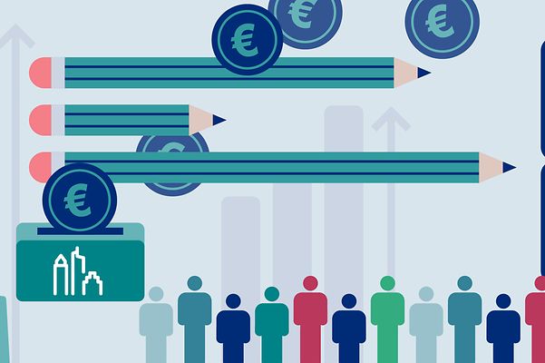 Illustration zu Finanzen, Bildung, Technik und Menschen – zeigt Wachstum und Investitionen.