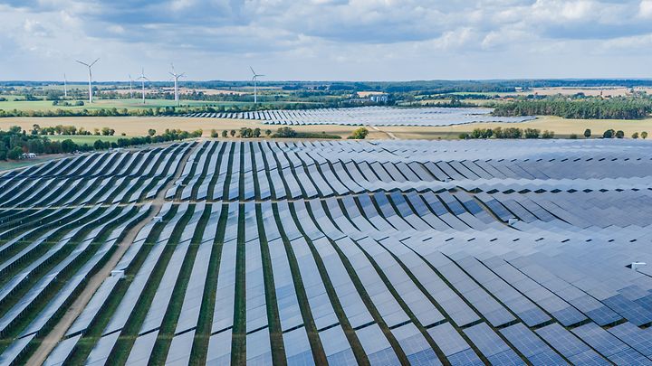 Endlose Solarpanels, Windräder am Horizont, unter blauem Himmel.