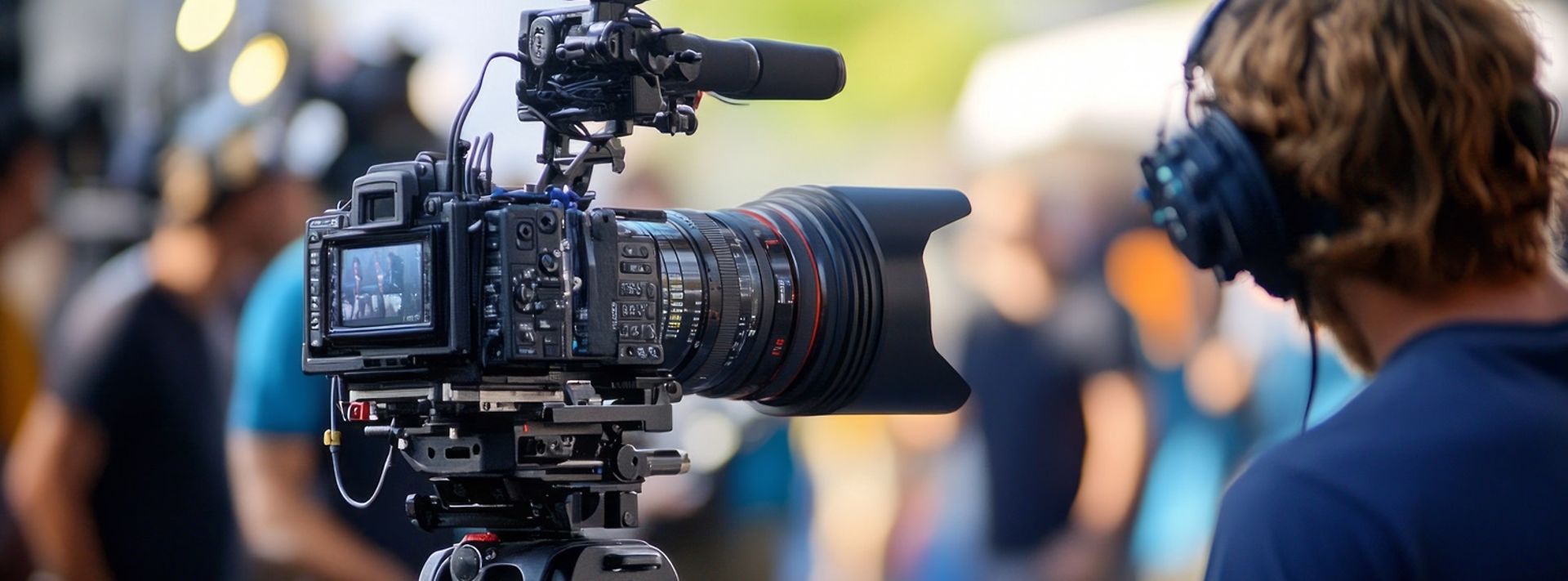 Mann sitzt hinter der Kamera und dreht eine Filmszene