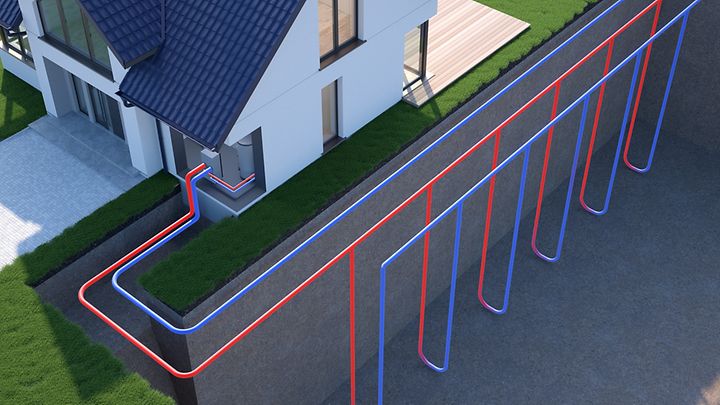 Illustration eines Haus mit Rohren aus einer vertikalen Erdwärmequelle