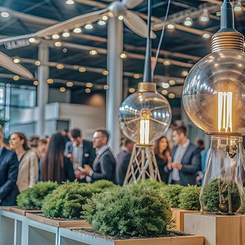 leuchtende Glühbirnen und Personen im Hintergrund mit vornehmer Kleidung