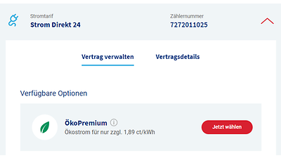 Auswahl der ÖkoPremium-Option in der Vertragsübersicht