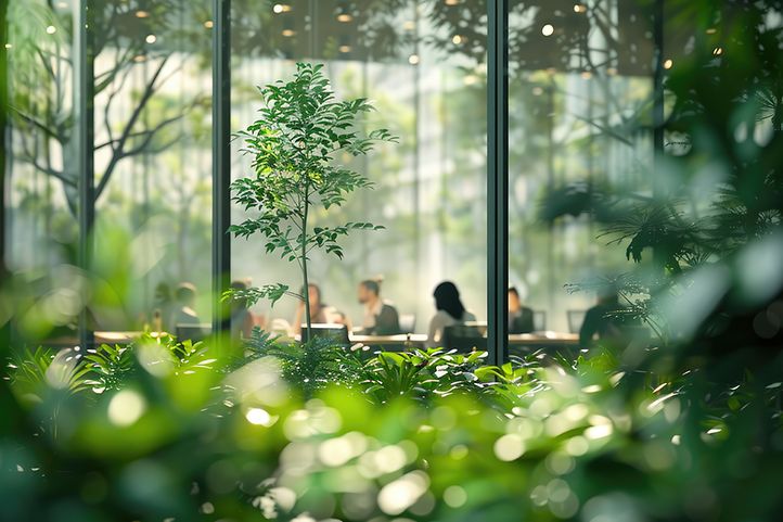 Menschen in einem Meeting und im Vordergrund Pflanzen