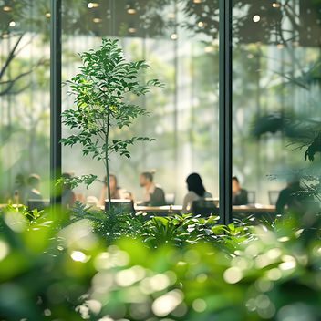 Menschen in einem Meeting und im Vordergrund Pflanzen