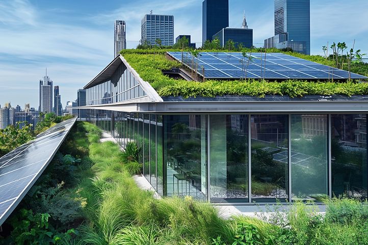 Begrüntes Glashaus auf einer Dachterrasse, Im Hintergrund eine Großstadt