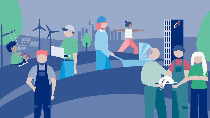 Illustration mit Menschen, Windrädern, Solarpanels und Kindern – zeigt nachhaltige Arbeit und gemeinsames Leben.