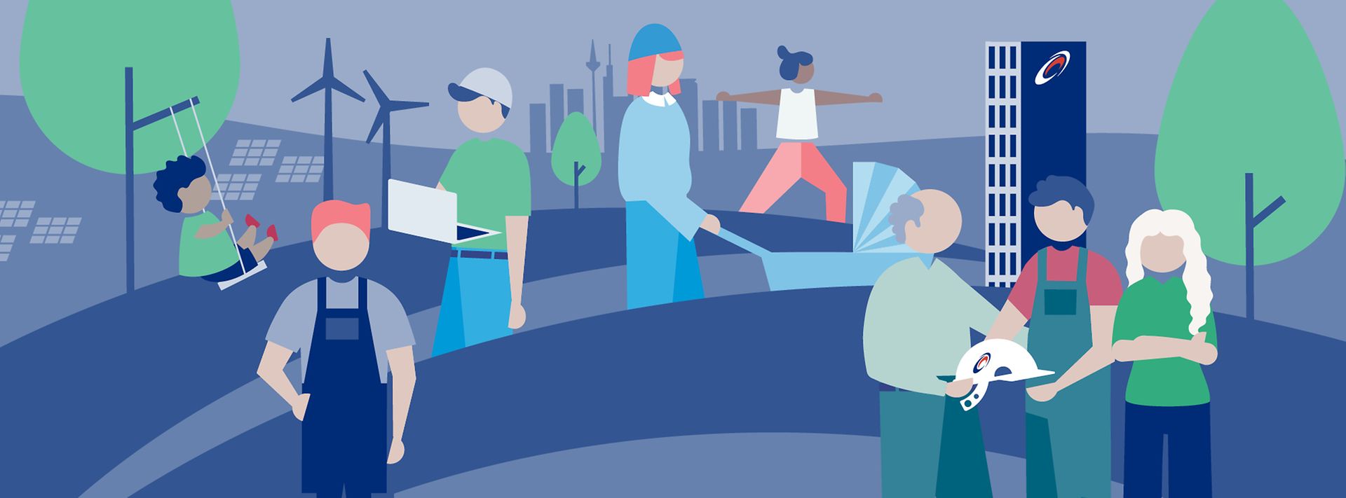 Illustration mit Menschen, Windrädern, Solarpanels und Kindern – zeigt nachhaltige Arbeit und gemeinsames Leben.
