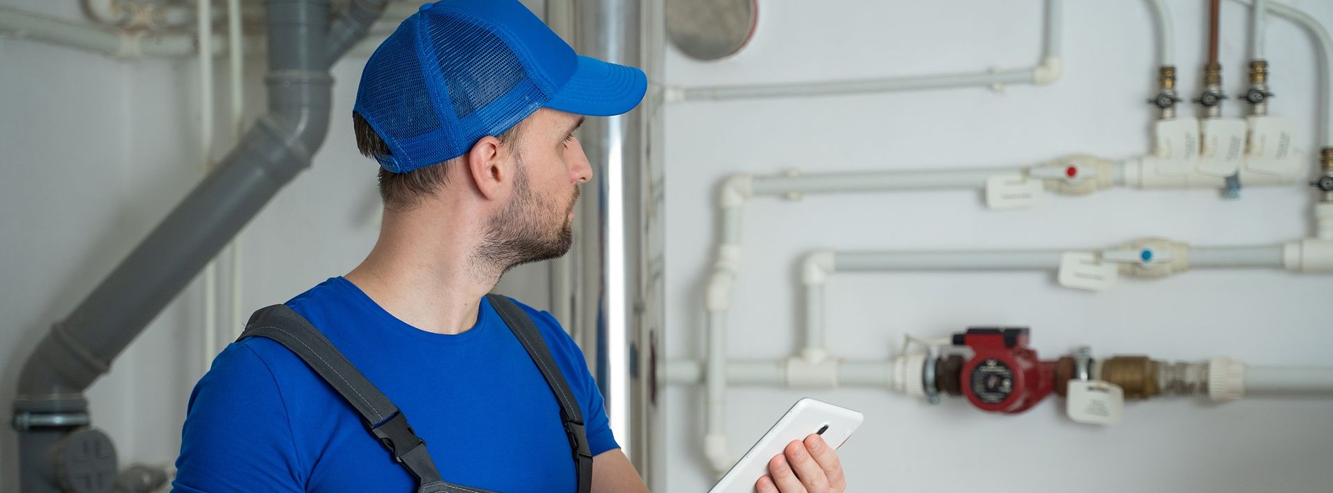 Heizungsmonteur steht im Heizungskeller vor einigen Rohrleitungen.