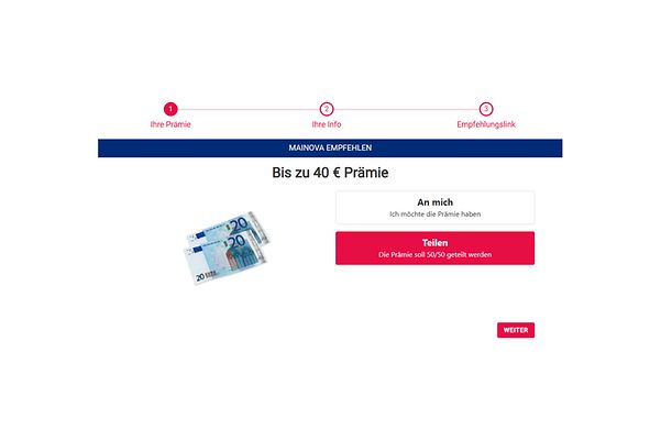 Zwei 20-Euro-Scheine mit Hinweis auf 40 € Barprämie und Auswahloptionen „An mich“ oder „Teilen“