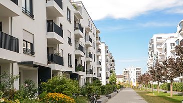 Moderne Wohnsiedlung mit Grünflächen und gepflastertem Weg