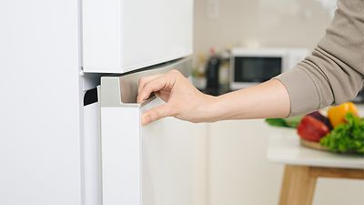 Hand schließt Tür eines Kühlschranks