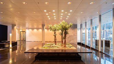 Modernes Foyer mit glänzendem Boden, heller Deckenbeleuchtung und einem zentralen Pflanzenarrangement.