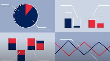 Vier Diagramme zeigen Daten in Kreis-, Balken- und Liniendiagrammen.