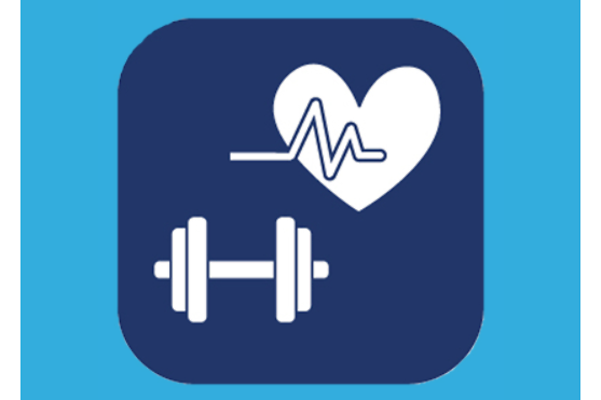 Ein weißes Herz mit EKG-Linie und eine Hantel auf blauem Hintergrund.