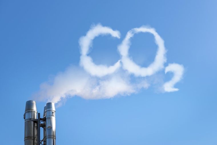 Zwei Schornsteine stoßen Rauch aus, der die chemische Formel CO2 am Himmel bildet.