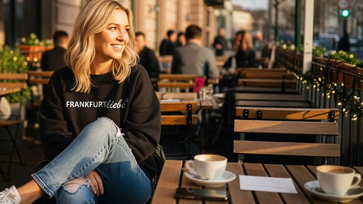 Frau sitzt mit einem Frankfurtliebe Pullover in einem Cafe
