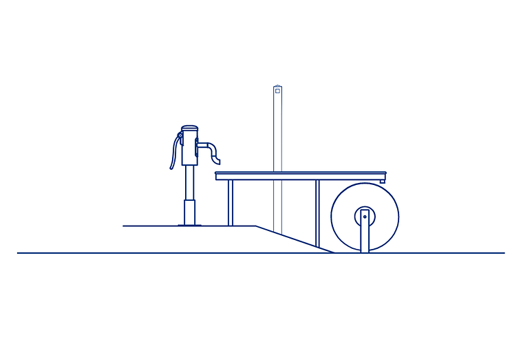 Eine stilisierte Darstellung einer Wasserpumpe neben einem Wasserrad.