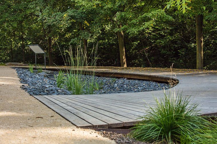 Ein geschwungener Holzsteg führt durch einen bewaldeten Park mit Kieselsteinen und Grasbüscheln.