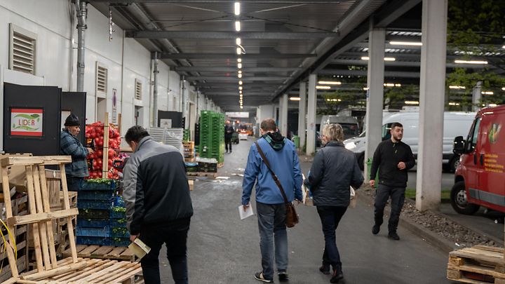 Mehrere Mitarbeiter laufen zwischen einem Lager und Transportwagen